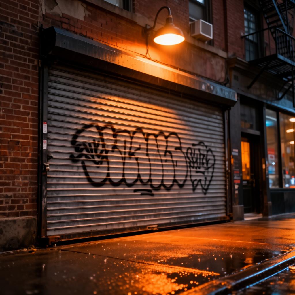 NYC storefront with a solid roll-down security gate at night
